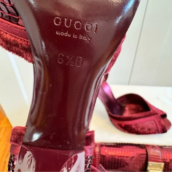 Rare Gucci Broadway Bordeaux Burgundy Velvet Sequins Clutch and Heels Set 6.5 - Picture 13 of 16